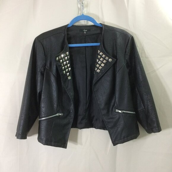 Sele Faux Leather Jacket Short Studded Lapels Open Front Black Lined Size L/XL - Picture 1 of 4